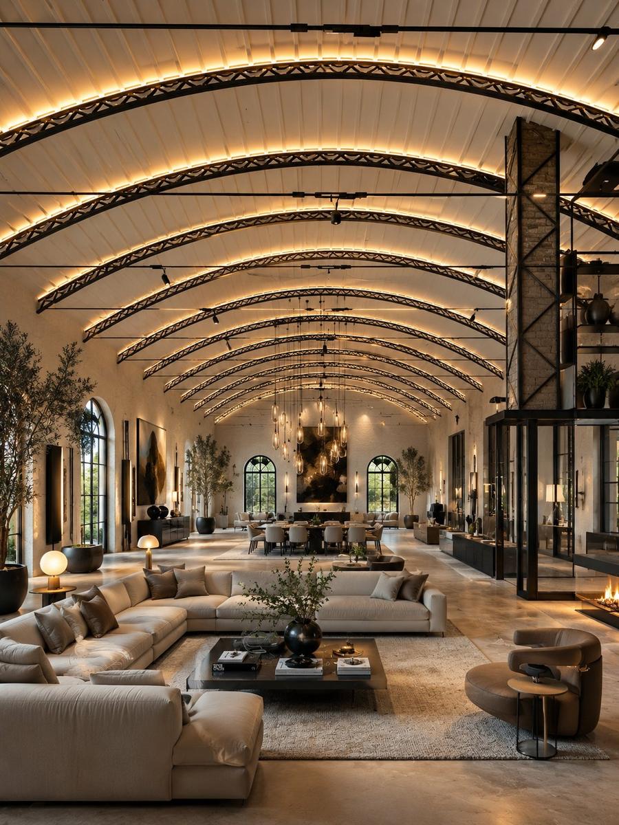 Render: grande lounge sotto le volte con divani e camino