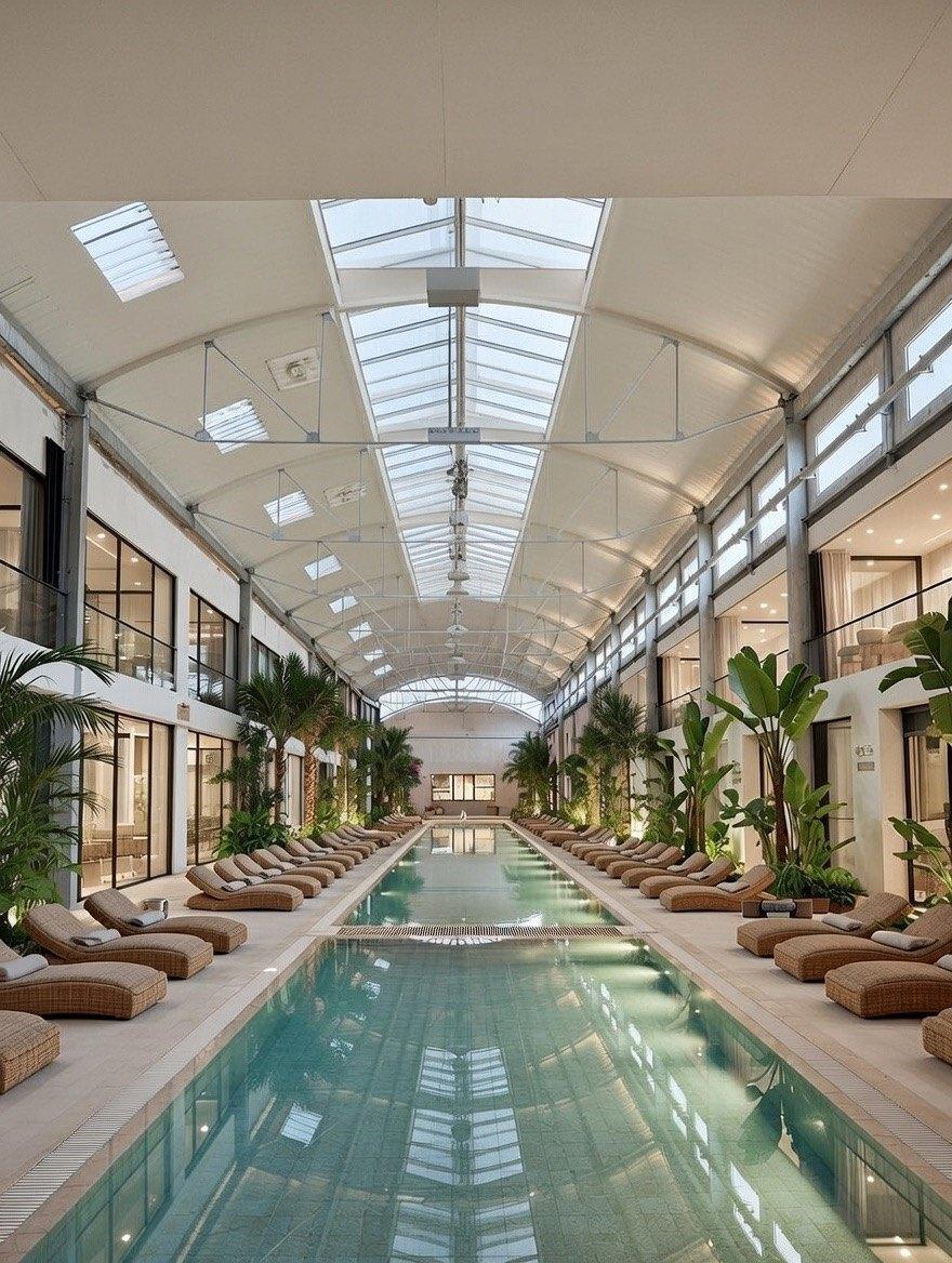 Render: piscina lunga sotto la copertura vetrata della navata