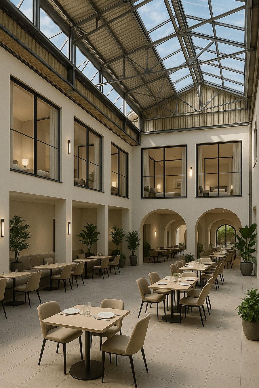 Render: sala ristorante con camere affacciate e copertura vetrata