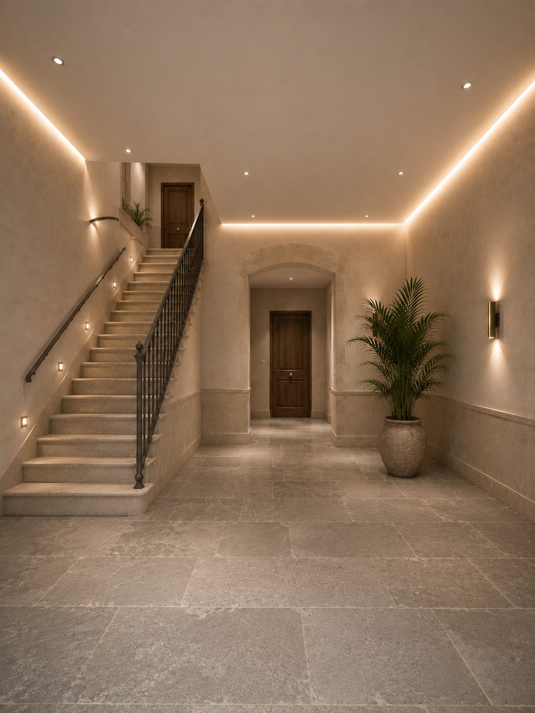Rendering dell'ingresso condominiale con pavimento in pietra e scala
