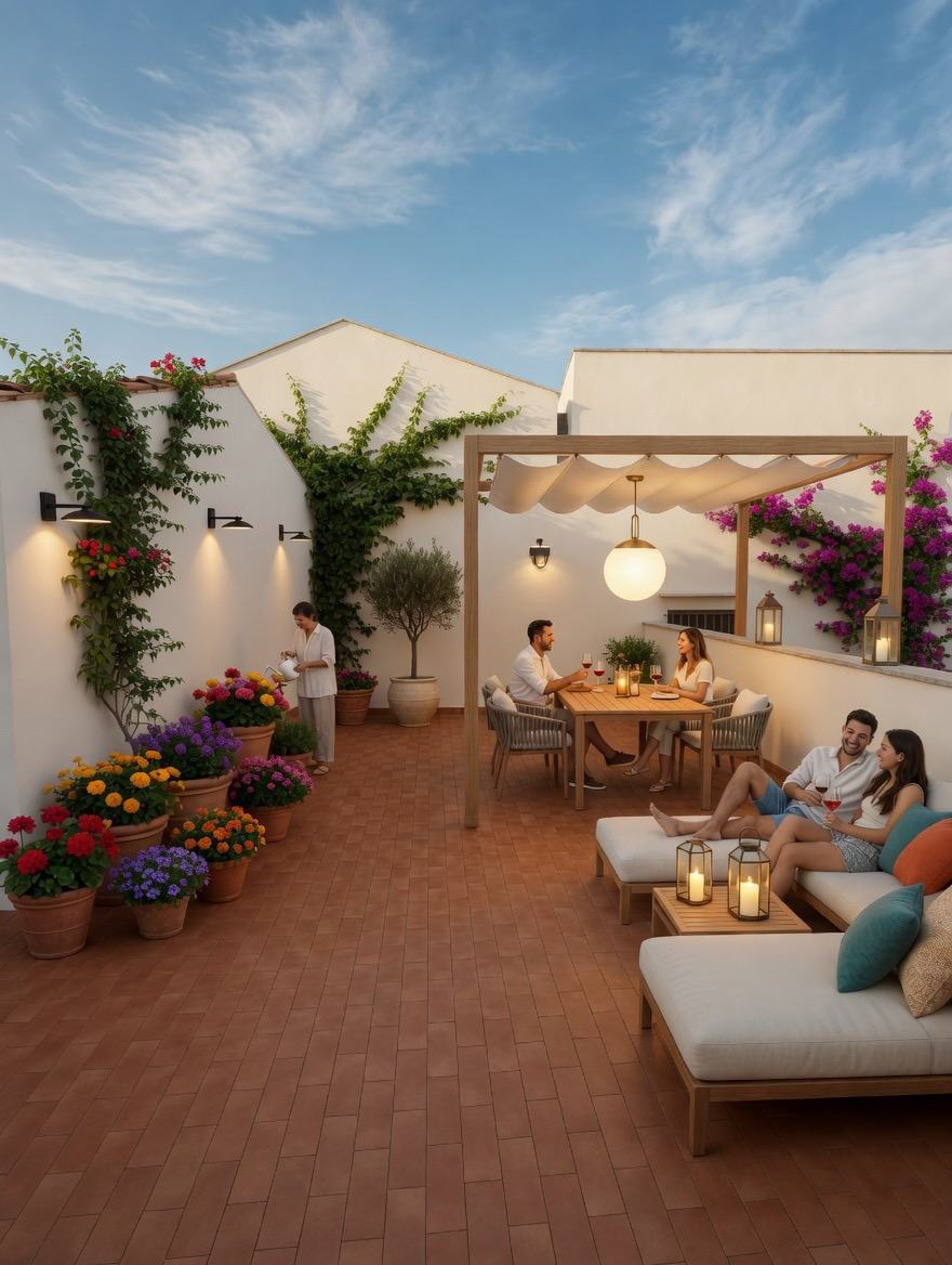 Terrazza nel progetto, con pergola, piante e salotto esterno