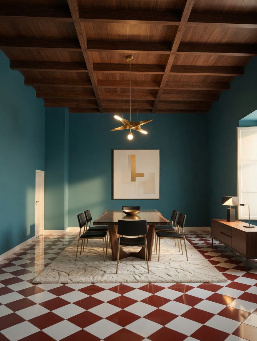 Sala da pranzo con soffitto a cassettoni e pavimento a scacchi