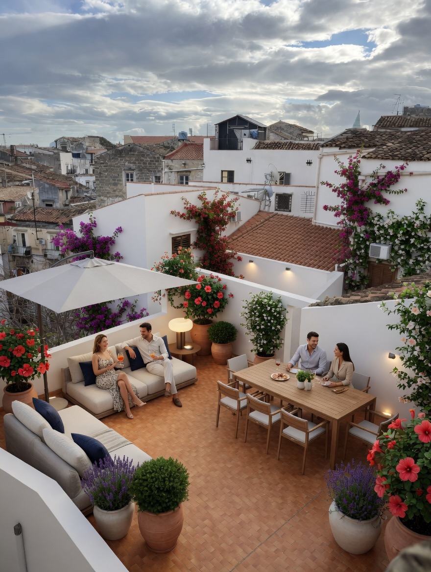 Terrazza di progetto con vista sui tetti di Palermo